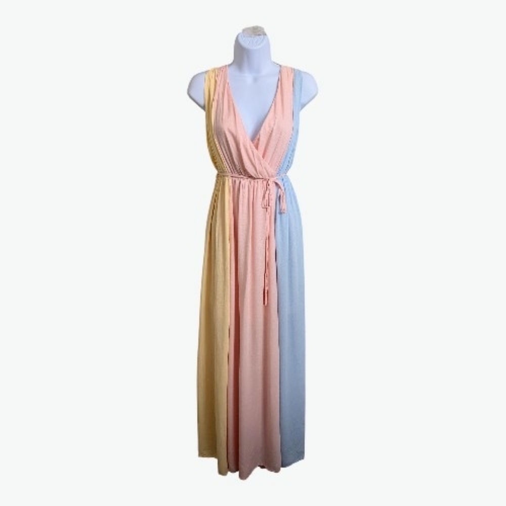 NWT Francesca's Pastel Color Block Multicolor Maxi Dress V-Neck Sleeveless M